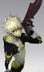 Rule 34 | 1boy, abs, agen chiita, arm up, corruption, cowboy shot, dual wielding, emiya alter, fate/grand order, fate (series), grey background, grey eyes, gun, holding, male focus, short hair, silver hair, simple background, solo, twitter username, weapon, yellow eyes