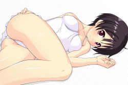 Rule 34 | 10s, 1girl, ass, black hair, breast press, breasts, casual one-piece swimsuit, chuunibyou demo koi ga shitai!, frilled swimsuit, frills, k10k, lying, medium breasts, mole, mole on breast, on side, one-piece swimsuit, short hair, solo, swimsuit, tsuyuri kumin, wedgie, white one-piece swimsuit
