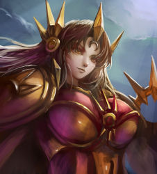 Rule 34 | 1girl, armor, blue background, breastplate, breasts, brown hair, ear protection, expressionless, facial mark, forehead mark, forehead protector, headgear, headpiece, large breasts, league of legends, leona (league of legends), lips, long hair, shield, shoulder pads, solo, turewindwalker, upper body, yellow eyes