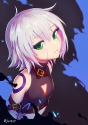 Rule 34 | ahoge, artist name, bandages, bare shoulders, belt, brown belt, character cutout, commentary request, face, fate/grand order, fate (series), from above, green eyes, jack the ripper (fate/apocrypha), looking at viewer, nzz, scar, scar on face, short hair, shoulder tattoo, silver hair, solo, tattoo