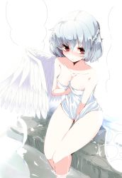 Rule 34 | 1girl, aoi (annbi), blush, braid, breasts, cleavage, collarbone, full-face blush, highres, kishin sagume, looking at viewer, naked towel, red eyes, short hair, silver hair, simple background, single wing, sitting, solo, touhou, towel, water, white background, wings