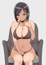 Rule 34 | 1girl, armchair, bare shoulders, bikini, black eyes, black hair, blush, bob cut, breasts, brown bikini, chair, closed mouth, hand on own chest, highres, jewelry, knees together feet apart, large breasts, legs together, looking at viewer, navel, nora higuma, original, ring, simple background, sitting, smile, solo, sweatdrop, swimsuit, wedding band, white background
