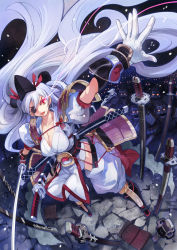 Rule 34 | 1girl, blue hair, breasts, character request, cleavage, closed mouth, dress, eyepatch, gloves, hair ornament, hat, large breasts, long hair, momiji mao, multicolored clothes, multicolored dress, multicolored footwear, original, outstretched arm, red eyes, samurai, sword, very long hair, weapon, white gloves