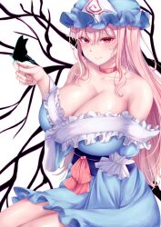 Rule 34 | 1girl, blue hat, blue kimono, breasts, bug, butterfly, butterfly on hand, choker, cleavage, closed mouth, hat, highres, huge breasts, insect, japanese clothes, kimono, long hair, looking at viewer, mirufui, mob cap, off shoulder, pink hair, red choker, saigyouji yuyuko, sash, smile, solo, touhou, triangular headpiece, white background