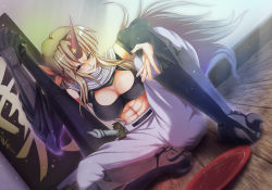 Rule 34 | 1girl, alternate costume, blonde hair, breasts, female focus, ging (tokushima), horns, hoshiguma yuugi, long hair, midriff, red eyes, single horn, solo, touhou