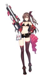 Rule 34 | 1girl, alpha transparency, armpits, asymmetrical legwear, belt, bikini, bikini top only, bikini under clothes, black bikini, black gloves, breasts, brown hair, cleavage, collar, counter:side, fingerless gloves, gloves, gun, hair ornament, highleg, highres, holding, holding gun, holding weapon, long hair, looking at viewer, lumi (counter:side), medium breasts, navel, official art, one eye closed, second-party source, short shorts, shorts, smile, solo, spiked collar, spikes, striped clothes, striped thighhighs, swimsuit, tachi-e, thighhighs, transparent background, trigger discipline, vertical-striped clothes, vertical-striped thighhighs, weapon, weapon request