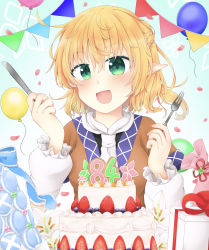 Rule 34 | 1girl, balloon, black shirt, blonde hair, blueberry, blush, braid, breasts, brown shirt, cake, commentary request, food, fork, french braid, fruit, gift, green eyes, hair between eyes, highres, holding, holding fork, holding knife, knife, looking at viewer, medium breasts, mizuhashi parsee, open mouth, pointy ears, scarf, shirt, short hair, short ponytail, short sleeves, smile, solo, strawberry, streamers, takeno, touhou, undershirt, upper body, white scarf