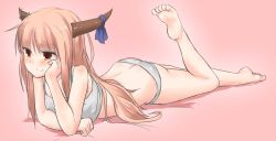 Rule 34 | 1girl, bad id, bad pixiv id, barefoot, blonde hair, camisole, head rest, feet, female focus, horn ornament, horn ribbon, horns, ibuki suika, leg up, long hair, lying, on stomach, orange eyes, panties, ribbon, soles, solo, toes, touhou, underwear, underwear only, white panties, wk (low-f), yellow eyes