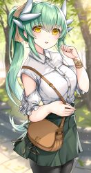 Rule 34 | 1girl, alternate costume, bag, black pantyhose, blush, breasts, brown bag, collared shirt, crossed bangs, dragon girl, dragon horns, fate/grand order, fate (series), green hair, green skirt, hand up, highres, horns, kiyohime (fate), large breasts, long hair, looking at viewer, morizono shiki, outdoors, pantyhose, parted lips, ponytail, shirt, skirt, smile, solo, white shirt, yellow eyes