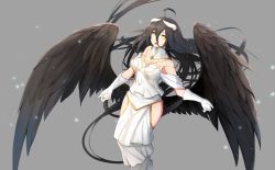 Rule 34 | 1girl, absurdly long hair, albedo (overlord), bare shoulders, black hair, black wings, breasts, cleavage, demon girl, demon horns, dress, elbow gloves, female focus, gloves, highres, hip vent, horns, large breasts, long hair, overlord (maruyama), solo, very long hair, white dress, white gloves, wings, yellow eyes, yingji (zszero)