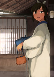 Rule 34 | 1girl, bag, banned artist, box, brown eyes, brown hair, hair ribbon, handbag, haori, holding, holding box, i-401 (kancolle), indoors, japanese clothes, kantai collection, lantern, long sleeves, looking at viewer, makio (makiomeigenbot), official alternate costume, parted lips, ribbon, solo, symbol-only commentary, white ribbon, wide sleeves