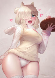 Rule 34 | 1girl, :d, alpaca ears, alpaca suri (kemono friends), animal ears, blonde hair, blue eyes, blush, breasts, commentary request, cowboy shot, cup, extra ears, fur-trimmed sleeves, fur-trimmed vest, fur trim, hair bun, hair over one eye, heart, holding, holding tray, horizontal pupils, kemono friends, large breasts, long sleeves, looking at viewer, no pants, open mouth, panties, round teeth, shirt, short hair, simple background, single hair bun, smile, solo, steam, takami masahiro, teacup, teeth, textless version, tray, underwear, vest, white panties, white shirt, yellow vest