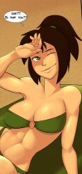 Rule 34 | 1girl, arm support, avatar: the last airbender, avatar legends, bikini, breasts, brown eyes, cleavage, english text, female focus, green bikini, highres, jin (avatar), large breasts, legs, looking at viewer, navel, o-ring, o-ring bikini, one eye closed, parted lips, ponytail, sitting, smile, solo, speech bubble, starchy (mrpotatoparty), swimsuit, thighs, toned, towel, wink