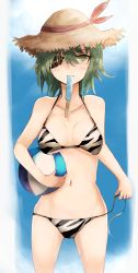 10s 1girl absurdres ball beachball bikini breasts cleavage collarbone commentary_request female_focus food green_hair hair_between_eyes hat highres kantai_collection kiso_(kancolle) kiso_kai_ni_(kancolle) kiso_kai_ni_(swimsuit_mode)_(kancolle) looking_at_viewer md5_mismatch medium_breasts mouth_hold popsicle resolution_mismatch short_hair side-tie_bikini_bottom solo source_smaller ssadddsa_(dime_zero) straw_hat striped_bikini striped_clothes sun_hat swimsuit yellow_eyes