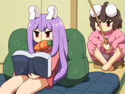 Rule 34 | 2girls, adapted costume, ahoge, animal ears, animal print, annoyed, barefoot, book, brown hair, carrot, carrot necklace, carrot on stick, couch, crossed ankles, dress, holding, holding book, holding stick, inaba tewi, indoors, jewelry, jitome, light blush, long hair, long sleeves, multiple girls, necklace, open book, pillow, pink dress, purple hair, rabbit ears, rabbit print, reading, red eyes, reisen udongein inaba, shirosato, short hair, sitting, stick, touhou, v-shaped eyebrows, very long hair