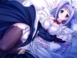 Rule 34 | 1girl, ahoge, bed, bed sheet, blue eyes, blue hair, blush, bonnet, bow, breasts squeezed together, breasts, cleavage, curvy, dutch angle, frills, from above, game cg, garter belt, hair ribbon, kishi nisen, large breasts, lingerie, long hair, lying, maid, maid headdress, matching hair/eyes, non-web source, nonomiya sumire, on back, open clothes, open mouth, open shirt, ore to kanojo wa shujuu na kankei, panties, print panties, purple hair, ribbon, shirt, solo, thighhighs, turtleneck, underwear, undressing, very long hair, white panties