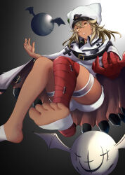 Rule 34 | 1girl, abs, absurdres, arc system works, bandages, barefoot, blonde hair, border, cape, closed mouth, dark-skinned female, dark skin, fingerless gloves, floating, floating object, full body, gloves, guilty gear, guilty gear strive, hair between eyes, hat, highres, huge weapon, leg up, long hair, lucifero (guilty gear), meta:absurdres, meta:highres, military hat, orange eyes, ramlethal valentine, short shorts, shorts, simple background, soles, solo, souma (so u maaaaa), sword, tan, thick thighs, thigh strap, thighs, toeless footwear, toned, weapon, white border, white cape, white gloves