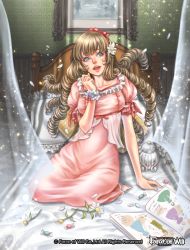 Rule 34 | 1girl, barefoot, bed, blonde hair, blue eyes, book, bow, candy, copyright name, curtains, drill hair, flower, food, force of will, freckles, hair flower, hair ornament, hairband, indoors, kamijororo, long hair, official art, open mouth, petals, pillow, sitting, solo, sparkle, teeth