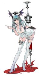 Rule 34 | 1girl, blood, boots, breasts, capcom, cleavage, clipboard, demon girl, green hair, hat, head wings, high heel boots, high heels, large breasts, leaning forward, long hair, morrigan aensland, nishimura kinu, nurse, nurse cap, oversized object, smile, syringe, thigh boots, thighhighs, vampire (game), white thighhighs, wings, yellow eyes
