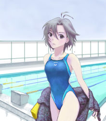 Rule 34 | 10s, 1girl, antenna hair, arena (company), bad id, bad pixiv id, black eyes, black hair, competition swimsuit, covered navel, hanaco-1, highres, idolmaster, idolmaster (classic), idolmaster 2, kikuchi makoto, lane line, one-piece swimsuit, pool, poolside, reflection, short hair, solo, swimsuit, towel, wet