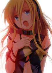 Rule 34 | 1girl, blonde hair, blue eyes, collar, female focus, headphones, lily (vocaloid), long hair, nacht (nacht 01), open mouth, simple background, solo, vocaloid, white background