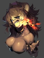 Rule 34 | 1girl, absurdres, amrkdrw, bare shoulders, blonde hair, blue eyes, bowsette, bracelet, breasts, breath weapon, breathing fire, cleavage, fingernails, fire, grey background, hair between eyes, highres, horns, jewelry, large breasts, long hair, looking at viewer, mario (series), new super mario bros. u deluxe, nintendo, open mouth, reaching, reaching towards viewer, sharp fingernails, sharp teeth, simple background, solo, spiked bracelet, spikes, teeth, upper body