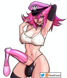 Rule 34 | 1futa, armpits, condom, covered testicles, final fight, futanari, hat, heedraws, penis, pink hair, poison (final fight), solo, street fighter, sweat, testicles