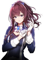 Rule 34 | 1girl, ahoge, blue bow, blue eyes, blue jacket, blush, bow, breasts, brown hair, cleavage, earrings, fpanda, gloves, hair bow, ichinose shiki, idolmaster, idolmaster cinderella girls, idolmaster cinderella girls starlight stage, jacket, jewelry, long hair, long sleeves, looking at viewer, medium breasts, parted lips, pendant, ponytail, simple background, solo, wavy hair, white background, white gloves