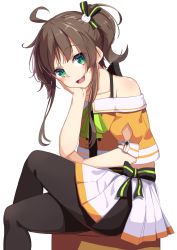 Rule 34 | 1girl, :d, absurdres, ahoge, black camisole, black pantyhose, blush, brown hair, camisole, cat hair ornament, commentary, cropped jacket, crossed legs, green eyes, hair ornament, hair ribbon, hand on own cheek, hand on own face, highres, hololive, jacket, looking at viewer, medium hair, miniskirt, natsuiro matsuri, natsuiro matsuri (1st costume), off-shoulder jacket, off shoulder, open mouth, orange jacket, pantyhose, pleated skirt, ribbon, side ponytail, sitting, skirt, smile, solo, starkamisan, virtual youtuber, white skirt