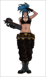 Rule 34 | 1girl, abs, bad id, bad pixiv id, baggy pants, bare shoulders, blue eyes, blue hair, boots, breasts, bullpup, cleavage, combat boots, crop top, cross-laced footwear, earrings, explosive, gloves, grenade, groin, gun, high ponytail, jewelry, lace-up boots, large breasts, leona heidern, lipstick, long hair, makeup, matching hair/eyes, midriff, navel, p90, pants, personal defense weapon, risdead, salute, solo, submachine gun, tan, tank top, the king of fighters, watermark, weapon, web address