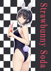 Rule 34 | 1girl, animal ears, aoyama sumika, black bow, black bowtie, black hair, black leotard, bow, bowtie, brown eyes, checkered background, coffee-kizoku, commentary request, cowboy shot, detached collar, fake animal ears, highres, leotard, original, playboy bunny, rabbit ears, rabbit tail, short hair, solo, strapless, strapless leotard, tail, wrist cuffs