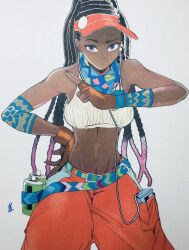 Rule 34 | 1girl, bad link, baggy pants, belt, black hair, blue belt, blue neckerchief, breasts, brown gloves, cable, colored tips, crop top, dark-skinned female, dark skin, dreadlocks, earbuds, earphones, elbow pads, fingerless gloves, gloves, grey background, hand on own hip, hat, highres, hiroshi mono, kimberly jackson, kuji-in, linea alba, long hair, looking at viewer, medium breasts, multicolored hair, multiple belts, neckerchief, official alternate costume, official alternate hairstyle, orange hat, pants, purple eyes, purple hair, quad braids, single elbow pad, sleeveless, smartwatch, smirk, solo, source request, spray can, street fighter, street fighter 6, thick eyebrows, toned, very dark skin, visor cap, walkman, watch, wide hips, wristwatch