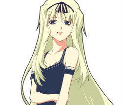 Rule 34 | 00s, 1girl, blonde hair, collarbone, eyebrows, flat chest, hairband, iqu, kusugawa sasara, long hair, looking at viewer, parted lips, purple eyes, ribbon, simple background, sleeveless, solo, to heart (series), to heart 2, upper body, white background