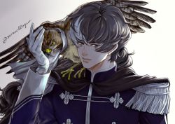 Rule 34 | 1boy, ace attorney, animal, animal on shoulder, bird, bird on shoulder, black hair, cape, epaulettes, gloves, hand up, hawk, long hair, long sleeves, looking at viewer, male focus, multicolored hair, simon blackquill, simple background, solo, twitter username, two-tone hair, uniform, upper body, very long hair, wakadori, white background, white gloves, white hair