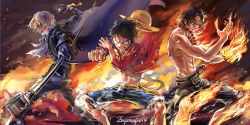 Rule 34 | 10s, 2014, 3boys, black hair, blonde hair, brothers, ascot, fighting stance, fire, freckles, hat, jewelry, lead pipe, male focus, monkey d. luffy, multiple boys, muscular, necklace, one piece, portgas d. ace, red shirt, rubber, sabo (one piece), sash, scar, shirt, topless male, short hair, shorts, siblings, smile, spoilers, steam, straw hat, stretching, tattoo, time paradox, weapon, zzyzzyy