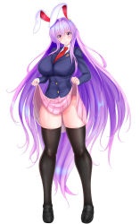 Rule 34 | 1girl, absurdres, animal ears, black footwear, black thighhighs, blazer, blush, breasts, clothes lift, crescent, full body, gluteal fold, highres, jacket, kou (inaba), large breasts, lifted by self, light smile, loafers, long hair, long sleeves, looking at viewer, miniskirt, necktie, panties, pink skirt, purple hair, rabbit ears, red eyes, reisen udongein inaba, shirt, shoes, simple background, skindentation, skirt, skirt lift, solo, standing, thighhighs, thighs, touhou, underwear, very long hair, white background, white shirt
