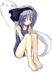 Rule 34 | 1girl, :3, barefoot, blue eyes, blue one-piece swimsuit, blush, bow, child, crossed arms, feet, female focus, flat chest, hair between eyes, hair bow, hairband, hitodama, konpaku youmu, konpaku youmu (ghost), legs, looking at viewer, o o, one-piece swimsuit, parted lips, satou kibi, school swimsuit, short hair, silver hair, simple background, sitting, sketch, solo, swimsuit, touhou, white background