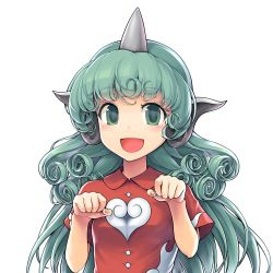 Rule 34 | 1girl, :d, blush, breasts, buttons, collared shirt, commentary request, curly hair, ebizome, eyelashes, flame print, green eyes, green hair, heart, heart print, highres, horns, kariyushi shirt, komano aunn, light blush, looking at viewer, open mouth, paw pose, red shirt, shirt, short sleeves, simple background, single horn, small breasts, smile, solo, tareme, touhou, upper body, white background