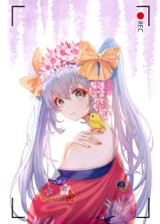 Rule 34 | 00s, 1girl, alternate eye color, alternate hair color, animal, animal on shoulder, bad id, bad pixiv id, bird, bird on shoulder, bow, closed mouth, commentary, fingernails, floral print, flower, grey eyes, hair between eyes, hair bow, hair flower, hair ornament, hatsune miku, japanese clothes, kimono, looking at viewer, looking to the side, nail polish, off shoulder, pink flower, print kimono, recording, red kimono, red nails, silver hair, simple background, smile, solo, symbol-only commentary, twintails, upper body, viewfinder, vocaloid, white background, yellow bow, zain (jiha3905)