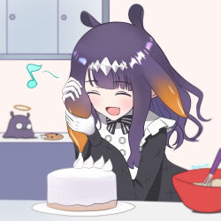 Rule 34 | 1girl, absurdres, apron, cake, closed eyes, cookie, cooking, dough, fang, food, gloves, highres, hololive, hololive english, mole, mole under eye, musical note, ninomae ina&#039;nis, ninomae ina&#039;nis (6th costume), purple hair, reylan520, takodachi (ninomae ina&#039;nis), twitter username, virtual youtuber, whipped cream, whisk, white apron, white gloves
