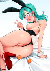 Rule 34 | 1girl, absurdres, anus, aqua hair, ass, black leotard, blue eyes, blush, breasts, bulma, cleft of venus, dragon ball, dragon ball (object), dragonball z, heart, heels, highleg, highleg leotard, highres, huge ass, large breasts, leotard, long hair, looking at viewer, neocoill, open mouth, playboy bunny, pussy, pussy juice, rabbit ears, rabbit tail, thighs, uncensored, v