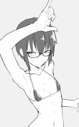 Rule 34 | 1girl, arm up, armpits, bikini, blush, bob cut, closed mouth, flat chest, glasses, greyscale, highres, looking at viewer, monochrome, navel, original, satarobass, short hair, solo, sweat, swimsuit, v-shaped eyebrows