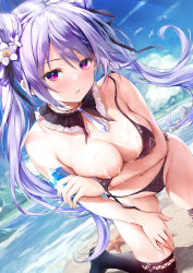Rule 34 | 1girl, alternate costume, armpit crease, bare arms, bare shoulders, beach, bent over, bikini, black bikini, black thighhighs, braid, breast hold, breasts, brooch, chiyingzai, cleavage, cone hair bun, covered erect nipples, covering privates, covering one breast, day, detached collar, dutch angle, floating hair, flower, genshin impact, groin, hair bun, hair flower, hair ornament, hair ribbon, hand on own thigh, highres, jewelry, keqing (genshin impact), kneeling, large breasts, long hair, looking at viewer, lotion, lotion bottle, multicolored eyes, navel, no shoes, ocean, outdoors, parted lips, pink eyes, purple eyes, purple hair, ribbon, side-tie bikini bottom, sidelocks, skindentation, solo, stomach, string bikini, sunlight, swimsuit, thighhighs, thighs, twintails, untied bikini, very long hair, water