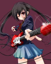 Rule 34 | 1girl, bad id, bad pixiv id, black hair, erizabesa, female focus, foreshortening, guitar, highres, instrument, k-on!, long hair, mouth hold, nakano azusa, neck ribbon, one eye closed, plectrum, red eyes, red ribbon, ribbon, school uniform, solo, twintails, wink