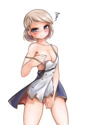 Rule 34 | 1girl, absurdres, annoyed, azur lane, bare shoulders, blush, bob cut, breast hold, breasts, covering privates, covering breasts, covering crotch, cowboy shot, dress, highres, multicolored clothes, no bra, no panties, off shoulder, pompmaker1, short hair, simple background, solo, thighs, z23 (azur lane)