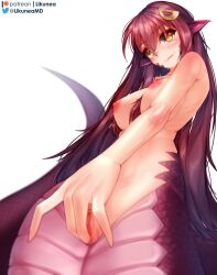 Rule 34 | 1girl, blush, breasts, clitoris, completely nude, female masturbation, fingering, hair ornament, hairclip, highres, lamia, large breasts, likunea, long hair, masturbation, miia (monster musume), monster girl, monster musume no iru nichijou, nipples, nude, orange eyes, pointy ears, pussy, scales, simple background, solo, tail, uncensored, white background