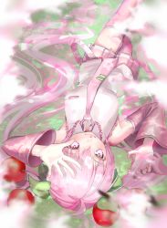 Rule 34 | 1girl, absurdres, bare shoulders, blouse, blurry, blurry foreground, cherry blossom print, cherry hair ornament, detached sleeves, floral print, food-themed hair ornament, gouya daifuku, hair ornament, hand up, hatsune miku, highres, long hair, looking at viewer, lying, miniskirt, necktie, on back, pink eyes, pink hair, pink necktie, pink skirt, pink sleeves, pink thighhighs, pleated skirt, sakura miku, see-through, see-through sleeves, shading eyes, shirt, skirt, smile, solo, thighhighs, twintails, upside-down, very long hair, vocaloid, white shirt, zettai ryouiki