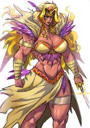 1509virgoart 1girl 2024 abs absurdres amazon_warrior armband blonde_hair bra breasts brown_bra brown_cloak brown_skirt cleavage clenched_hands cloak collarbone commentary dark-skinned_female dark_skin english_commentary facial_mark feathers female_focus green_eyes highres holding holding_sword holding_weapon hood hood_up hooded_cloak large_breasts legband long_hair looking_at_viewer muscular muscular_female navel open_clothes original parted_bangs purple_feathers red_lips revealing_clothes simple_background skirt solo sparkle sword tiara tsurime underwear veins veiny_arms very_long_hair wavy_hair weapon white_background