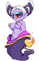 Rule 34 | 10s, 1girl, blush, breasts, colored skin, covering privates, covering breasts, fuumin (youkai watch), looking at viewer, nollety, one-eyed, pointy ears, purple skin, red eyes, solo, white hair, youkai watch