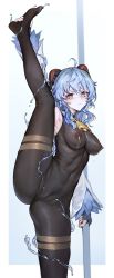 Rule 34 | 1girl, absurdres, ahoge, armpits, ass, bell, black bodysuit, blue hair, bodystocking, bodysuit, breasts, cameltoe, cleft of venus, closed mouth, covered erect nipples, covered navel, cowbell, detached sleeves, feet, ganyu (genshin impact), genshin impact, goat horns, highres, horns, iuui, lactation, lactation through clothes, large breasts, leg up, legs, long hair, looking at viewer, pole dancing, red eyes, see-through, skin tight, solo, split, spread legs, standing, standing on one leg, standing split, water